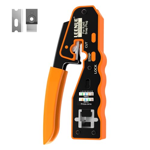 LEENUE RJ45 Crimp Tool, RJ45 Pass Through Crimping Tool for Cat5 Cat5e Cat6 Cat7 Ethernet Pass Through Connectors, Cutting, Stripping, Crimping All-in-one Crimper with 2 Replacement Blades 1 Pack