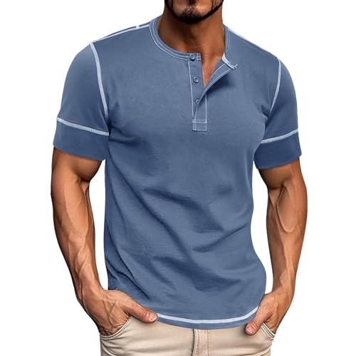 Tee Shirts for Men Adult Summer Short Sleeve Casual Solid Color Vintage Stylish Henley T Shirt Regular Fit Button Down Breathable Lightweight V Neck T Shirts Comfy Sport Running Tshirt T-Shirt Blue