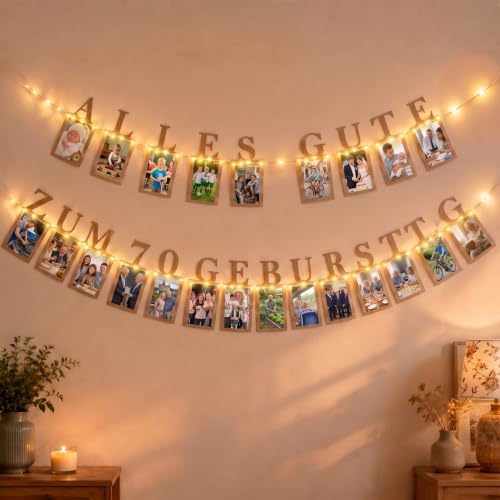 Seutgjie Fotogirlande zum 70. Geburtstag Deko Banner mit LED-Licht | Geburtstagsbanner 70. Geburtstag Frau Mann mit 24 Glitzerkarten für Fotos von 1 bis 70 Jahre