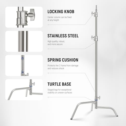 Image of NEEWER 10.5ft Stainless Steel Heavy Duty C Stand with Boom Arm, Quick Setup Base, Thicker Center Rod Max Load 44lb /20kg, Photography Light Stand with 4.2ft Holding Arm for Monolight Softbox, SC320Q