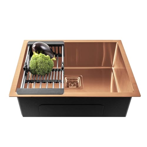 Image of Fossa 24x18x10 Inch Single Bowl Handmade Kitchen Sink | Premium Stainless Steel | Rust-Proof, Easy Clean, Deep Countertop Sink for Luxury Modular Kitchens Rose Gold (Matte Finish)