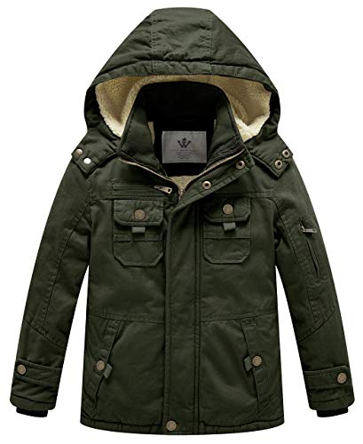 WenVen Boy's Winter Sherpa Jacket Heavy Twill Cotton Military Coat with Hood