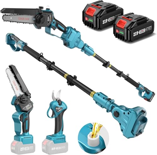 SEESII P6 Combo 6 Pulgadas Mini Motosierra Telescopica & 33 mm Tijeras de Podar Eléctricas, 4 en 1 Kit de Herramientas de Jardín con 2 * 4000 mAh Baterías, Alcance Máximo Hasta 4,57 m