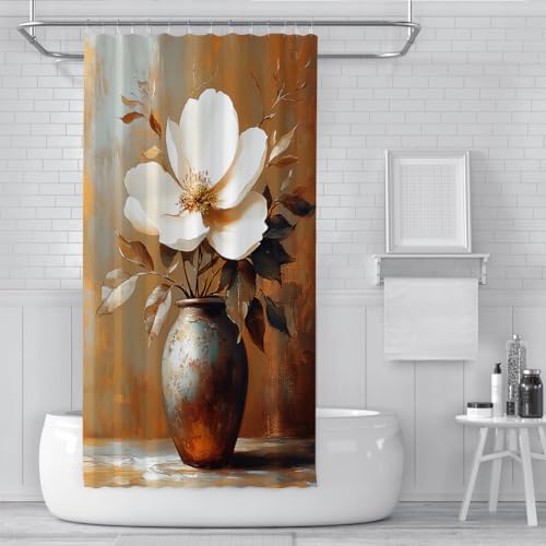 Rideau de bain grande fleur blanche imperméable style urne bronze - 3