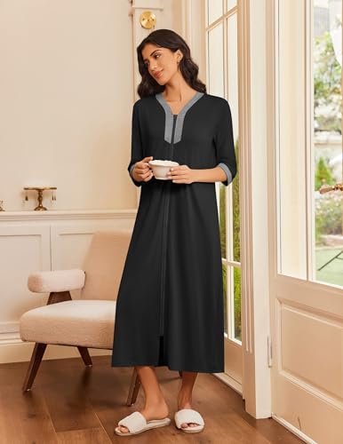 Ekouaer Women's Zipper Robe 3/4 Sleeves Housecoat Full Length Nightgown Soft Loungewear Robe with Pockets(Black, 3X-Large)2