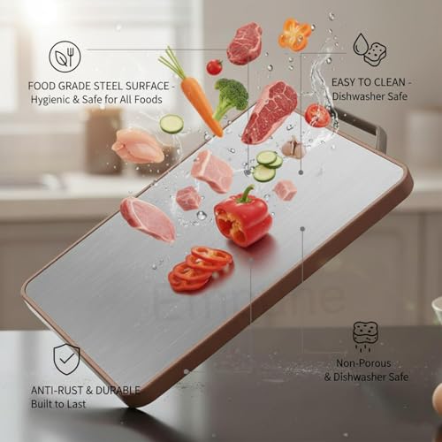 Image of Herrlich Homes Large Steel Chopping Cutting Board for Kitchen | Heavy-Duty Cutting Board | Dual Side usable | Antiskid | 38 x 28 cm