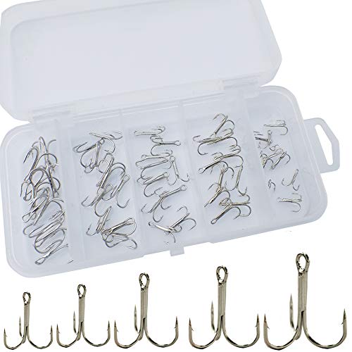 Drasry 50PCS Fishing Treble Hooks Set for Saltwater Freshwater Size 1/0 to 16 High Carbon Steel Different Fish Hook (#8 to #16 Small, Silver)