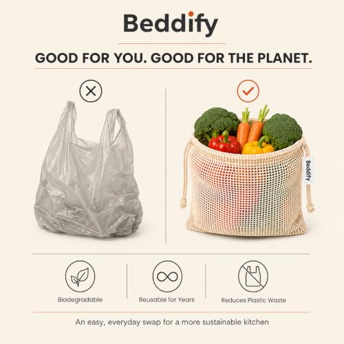 Image of Beddify 100% Cotton Set of 6 Reusable Fridge Storage Bags for Vegetables Fruits Garland and Toys Cotton Net Bags Eco-Friendly Dual Support Pull String Pouch