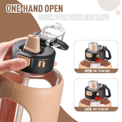 64 oz Glass Water Bottle with Straw, Leak-Proof Lid, Carry Handle & Time Marker