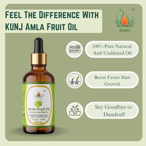 Image of KUNJ Amla Fruit Hair Oil (Phyllanthus emblica) 100ml - 100% Pure & Natural Cold Pressed Undiluted Therapeutic Grade for Hair Growth, Premature Grey Hair, Scalp Nourishment & Hair Fall Control