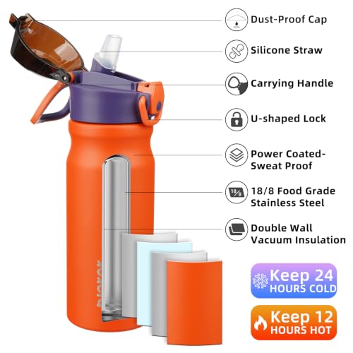 Image of BJPKPK 18 oz Water Bottle with Straw & Handle, Insulated Stainless Flask | Leak Proof Locking Lid, Thermal, Double Wall Vacuum, Keeps Hot /Cold, BPA Free, Dishwasher Safe, Travel & Sports, Orange