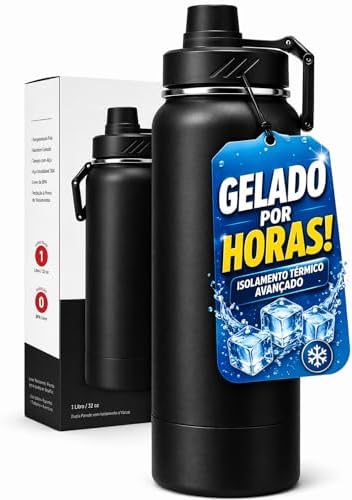 Garrafa Térmica Agua Aço Inox 600ml BARATINHA + Protetor de Base de Silicone, Duplamente Isolada, Aço Inox 304, Mantém Bebidas Geladas por 18 Horas e Quentes por 8 Horas (Preto)