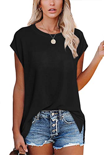 Black Tshirts Shirts for Women Casual Summer Tops Loose Fit Side Slit Black XL