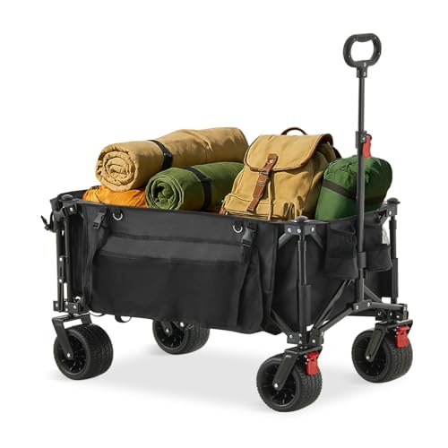 Carrito de jardín plegable todo terreno con ruedas extra anchas, capacidad de 180 L, asa ajustable para playa y actividades al aire libre