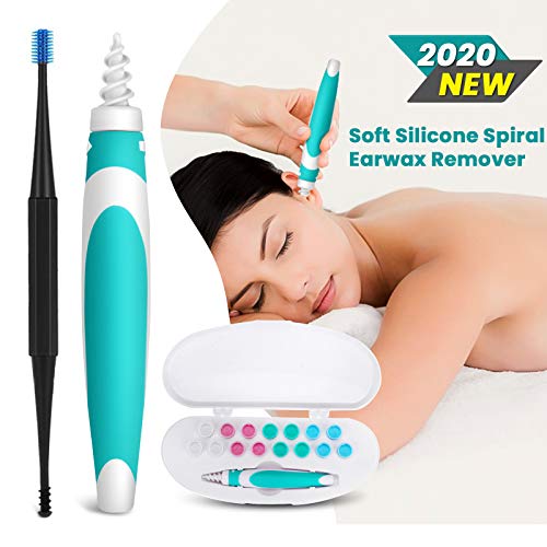 OUTERDO Ear Wax Remover,Soft Silicone Spiral Earwax Removal Tool,Safe Q-Grips Soft Spiral Smart Earwax Remover Kit,Silicone Ear Cleaner with 16 Replacement Tips, Q Twist for Adults Kids Humans (Green)