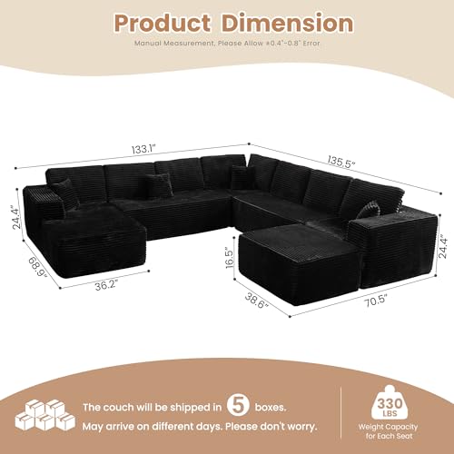 Image of HOOOWOOO Cloud Sectional Couches for Living Room,Modular Sectional Sofa No Assembly,136X133 Inch Plush Corduroy Large G L Shaped Floor Sofa Set with Deep Seat Chaise Ottoman(Black)