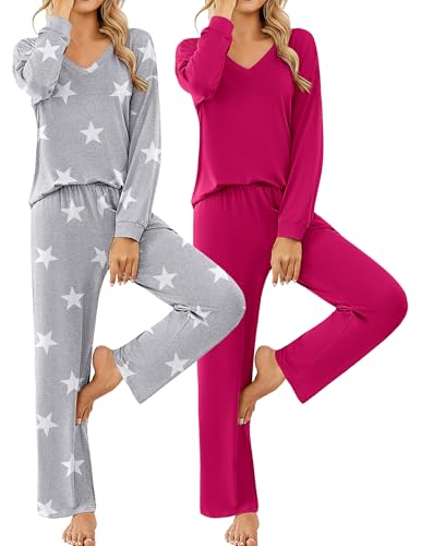 Ekouaer 2 Pack Pajama Sets for Women Long Sleeve Top with Pants Lounge Sets Soft Sleepwear Loungewear with Pockets