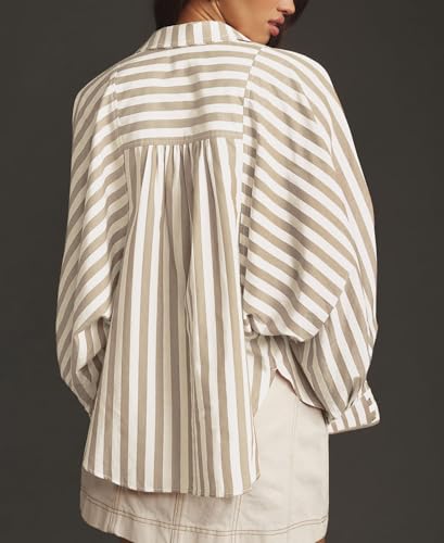 Oversized Button Down Shirts for Women Striped Batwing Long Sleeve Blouses Boyfriend Collared Tops2