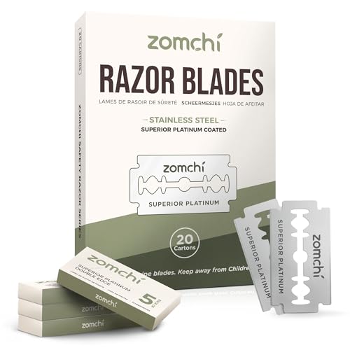 Zomchi Double Edge Razor Blades 2.0, 100 Counts Safety Razor Blades for Shaving, Platinum Stainless Steel Shaving Blades for Men and Women, Fits All Standard Double Edge Razors