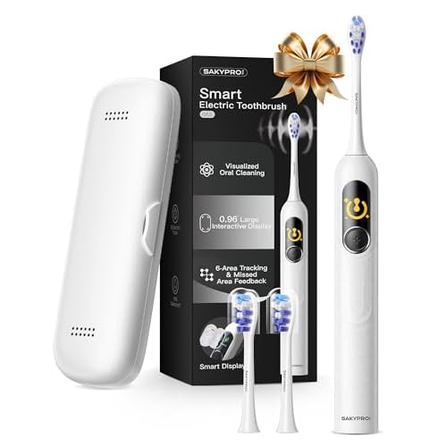 SAKYPRORAL AI Electric Toothbrush with Smart Display for Adults Kids | 150-Day Rechargeable Toothbrush, Real-Time Map |3-Min Timer, Travel Case | Teens Sonic Toothbrush Gift (G5S White)