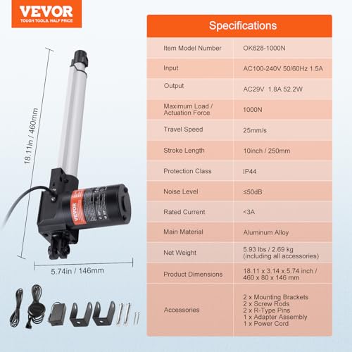 VEVOR Kit actionneur linéaire 250 mm actionneur de mouvement linéaire 24 V haute vitesse 25 mm/s, actionneur linéaire 220 lb/1000 N pour levage TV/table/canapé, IP44, adaptateur d'alimentation inclus – vue 7