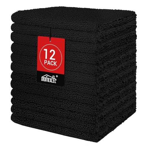 HOMEXCEL Black Washcloths 12 Pack Highly Absorbent and Soft Microfiber Face Towel Makeup Remover Towels Multi-Purpose Wash Cloths for Bathroom Hotel Spa Gym and Kitchen 12x12 Inch