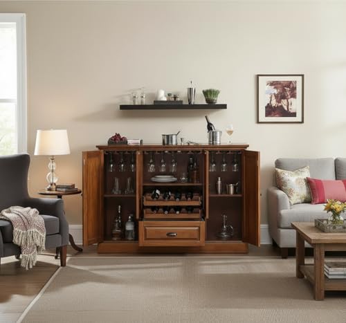 Image of APRODZ Solid Mango Wood Bar Cabinet - Luxury Wooden Wine Cabinet with Glass Storage Rack, Shelves & Doors for Living Room & Dining Area (Walnut)