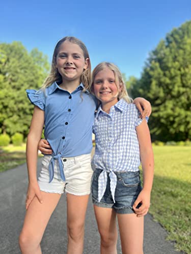 Image of Girls Sleeveless Plaid Button Down Shirt Summer Crop Tops Tie Knot Ruffle Sleeve Shirt Blouse 3-12Y