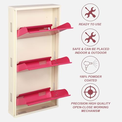 Image of Metal Shoe Rack Wall Mounted for Home with Central Locking 3 Door 20 inch Wall Mounted Metal 6 Pair Shoe Rack Cabinet Pre-Assembled Rack Shelves 3 Year Warranty (Pink & Ivory)