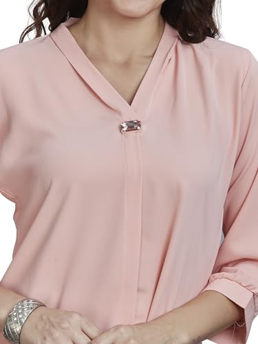 Image of nioni Women's Purple Poly Linen Blend Tunic Top with 3 /4 Sleeves, Printed Yoke, Kantha Stitch Detailing & Mandarin Collar