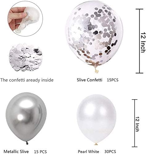 Flow.month 60 Pieces silver Balloons Set, 12 Inches silver white Latex Balloons silver Metallic Balloons silver Confetti Balloons Helium Balloons for Wedding Birthday Party Decoration(silver-white)