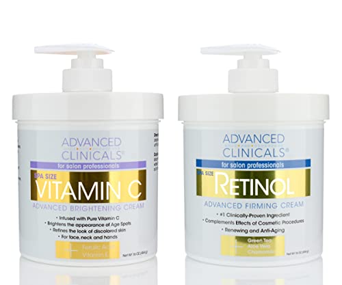 Advanced Clinicals Retinol Cream + Vitamin C Cream Set. Anti-Aging Creams for Fine Lines, Wrinkles, and Dark Spots on Hands, Body, Face. Dual Moisturizing Cream Kit. Two 16 Fl Oz.