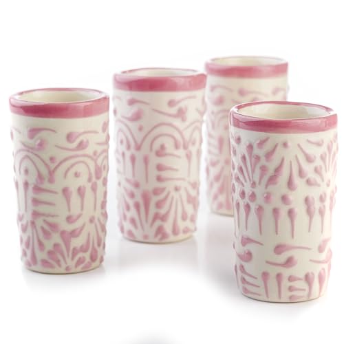 Image of Talavera Shot Glasses Set of 4 Authentic Mexican Tequila Shot Glasses - Hand-painted - 2 Oz (Pink Lace)