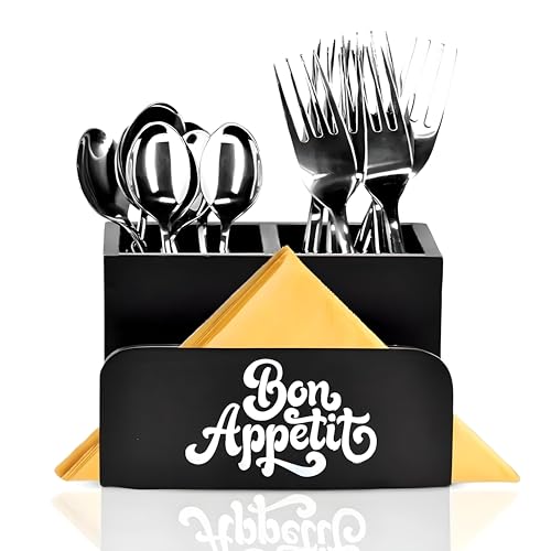 Dime Store Enginereed Wood Cutlery holder with Napkin rack for Countertop Multipurpose Rack organzier Spoon Kitchen Organizer rack for Kitchen Dining table, Restaurant (Black)