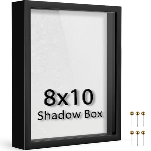 8x10 Shadow Box Frame | Soft Linen Back & Push Pins Included, Polystyrene Glass Memory Display Case for Flowers, Tickets & Cherished 3D Items, Black