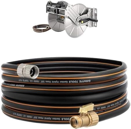Giraffe Tools Wall/Floor Mounted Stainless Steel Garden Hose Reel Retractable Heavy Duty with Crank,150-Feet 5/8" Hose Capacity+Giraffe Tools Hybrid Garden Hose 35ft x 5/8", Female and male Fittings