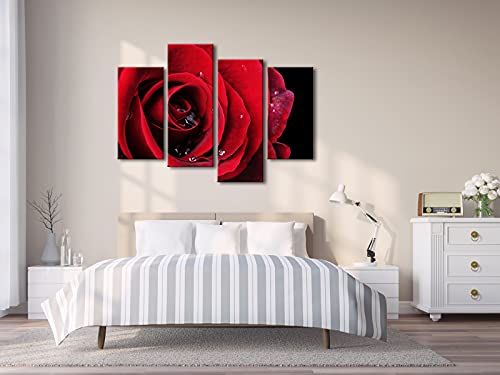 Wieco Art Red Rose On Black Large Modern Stretched And Framed Flowers Giclee Canvas Prints 4 Panels Floral Pictures Paintings On Canvas Wall Art Work For Living Room Bedroom Home Decorations #TOP3