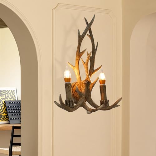 Image of Deer Antler Wall Light Wall Candle Sconces with E14 Base, Rustic Country Style Farmhouse Wall Light Fixtures for Bedroom Bathroom Hallway Entrance