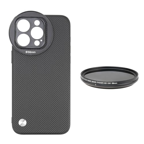 FocusFoto Étui de téléphone pour iPhone 14 Pro Max, intégré avec adaptateur de filtre fileté de 58 mm, avec kit de filtre à densité neutre ND2-ND400 variable de 58 mm (noir)