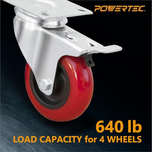 POWERTEC 3 Inch Swivel Caster Wheels Set of 4 with Brake & 640 lbs Loads, Heavy Duty Plate Casters, Dual Locking PU Castor Wheels for Furniture, Cart, Dolly and Workbenches (17205) by POWERTEC - Image 3