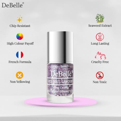 Image of DeBelle Gel Nail Lacquer Tatiana Tassles(Clear Light Purple with Chunky Glitter) | Non UV - Gel Finish |Chip Resistant | Seaweed Enriched Formula| Long Lasting|Cruelty and Toxic Free| 6ml