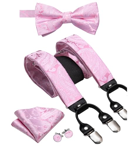 Image of Hi-Tie Mens Light Pink Suspender Set With Pre-Bow Tie Elastic Y Type 6 Clips Braces Tie Handkerchief Cufflinks 4Pcs for Wedding Party, Medium