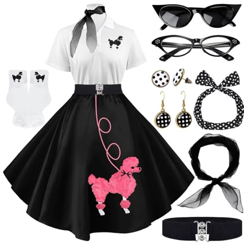 VillbeCoser Sock Hop Outfits Women 1950s Poodle Skirts Polo Shirt with 50s Accessories Socks Scarf Headband Belt 10Pcs (BlackRose-M)