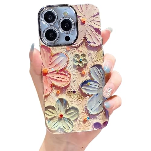 Image of Elzzi Compatible with iPhone 16 Pro Max Case 3D Laser Flower Oil Painting Cute Colorful Blue Ray Bumper with Full Camera Protection Shockproof PC+TPU Glossy Shiny Cover for Girls Women, Pink