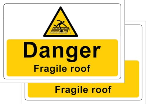 Image of Pack of 2 rigid plastic signs 300mm x 200mm x 3mm with rounded corners -Danger fragile roof