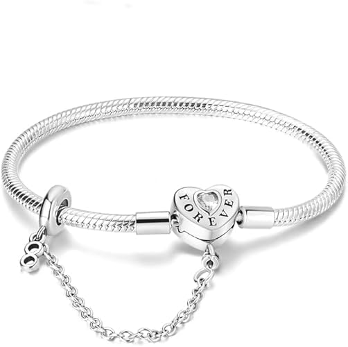 Forever Love Heart Clasp Snake Chain Charm Bracelets with Safety Chain 925 sterling silver Jewelry Bracelet Fits Any Charm for Women 18 Cm