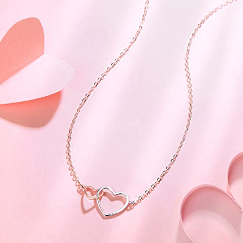 Fancime Solid 14K White Gold Rose Gold Double Love Heart Necklace Two-Tone Pendant Necklace Fine Jewelry Promise Anniversary Birthday Christmas Gifts For Her Women Girls Adjustable Chain 16"+2" Extend #TOP2