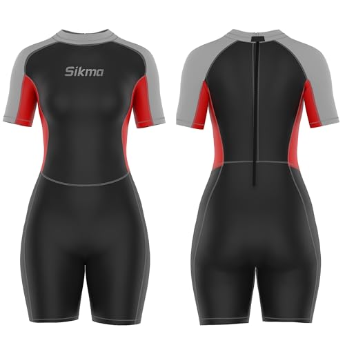 Sikma Women's Wetsuit 3mm Neoprene Surfing Diving Suit Short Sleeves Back Zip Flexible and Comfortable Perfect for Swimming, Scuba Diving, Snorkeling (Black/Grey, XX-Large)