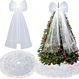 Knitgrip 2 Pcs White Christmas Tree Decoration Giant White Bow Christmas Tree Topper 47 x 24 Inch Fabric Extra Large Bow Decor Artificial Xmas Skirt for Home Winter Holiday Party Wedding Ornament