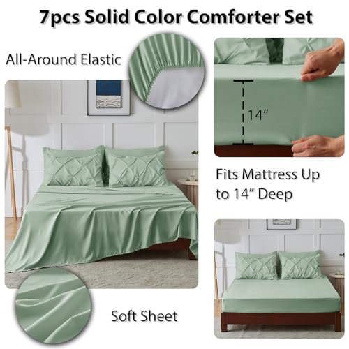CozyLux King Size Comforter Set Sage Green, 7 Pieces Pintuck Bed in A Bag Green Comforter King Size, Pinch Pleat Bedding Set with All Season Comforter, Sheets, Pillowcases & Shams